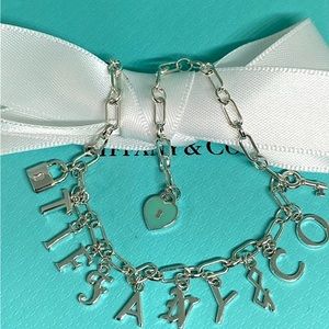 AUTHENTICATED TIFFANY & CO STERLING SILVER LETTER CHARM BRACELET BLUE ENAMEL